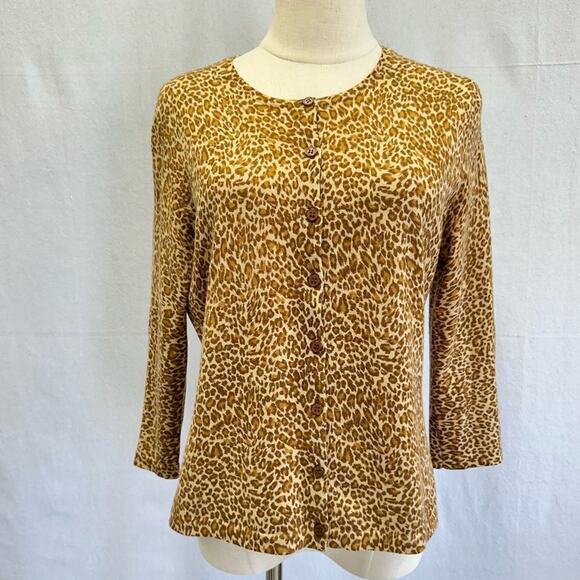 Garnet Hill merino wool leopard print 3/4 sleeve cardigan brown size medium - Picture 1 of 11
